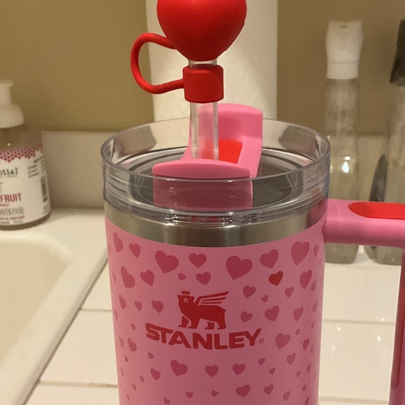New, Stanley Pink Heart-Patterned Tumbler with Red Straw Topper - Picture 3 of 3